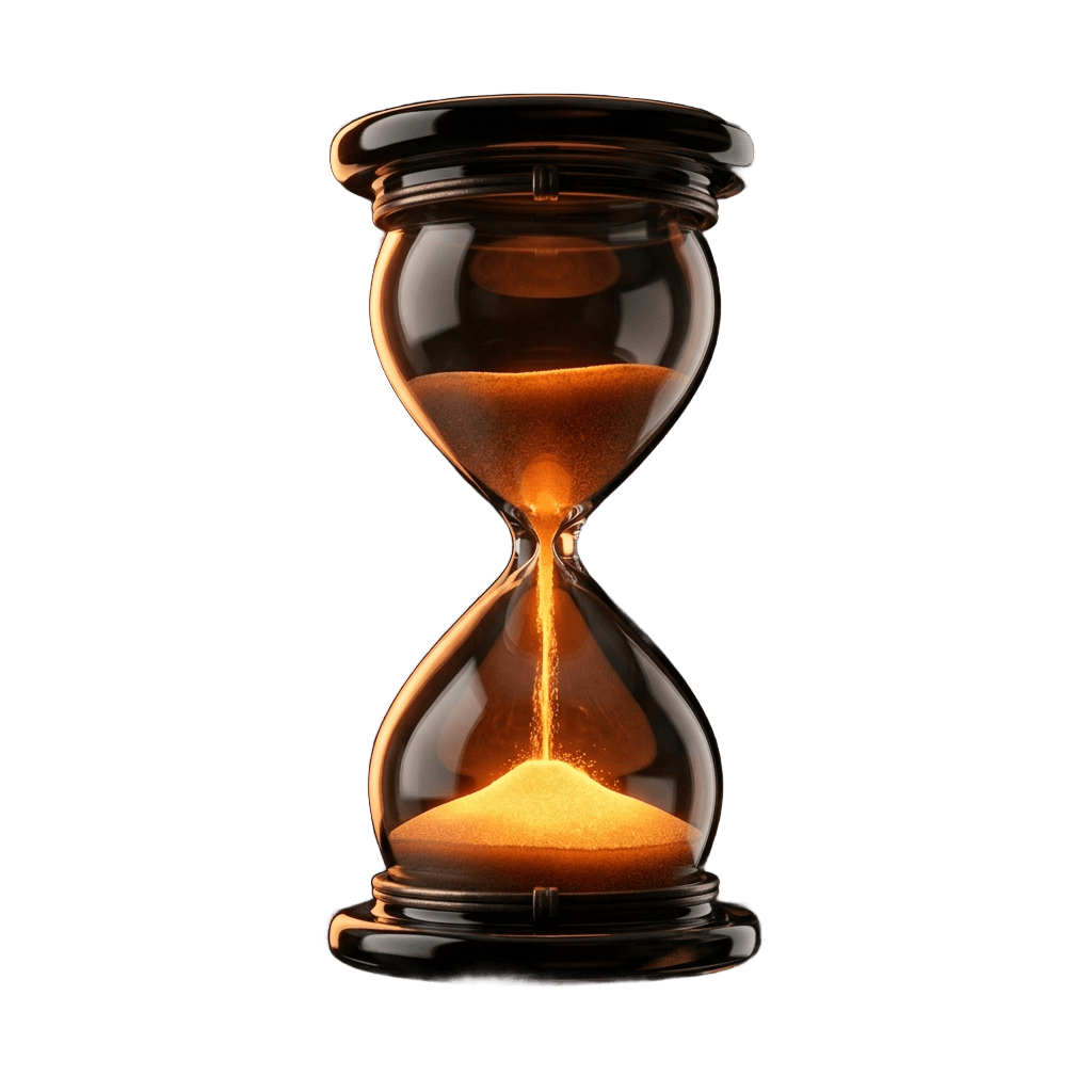 Obsidian hourglass with amber sand — the year after